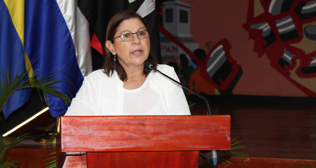Maestra Ramona Rodríguez, Rectora de la UNAN-Managua y Presidenta del Consejo Nacional de Universidades (CNU), durante la actividad.
