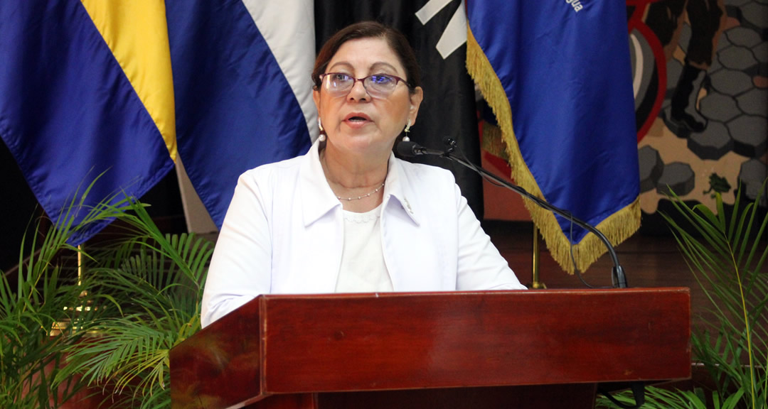 Doctora Ramona Rodríguez Pérez, rectora de la UNAN-Managua y presidenta del CNU, durante su intervención.