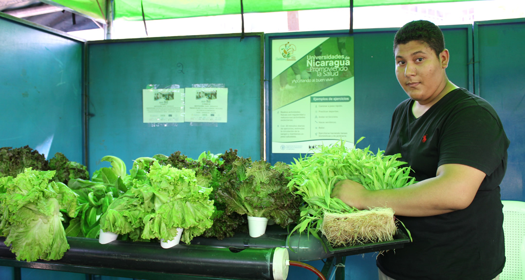 El joven Luis Camilo Olivas, estudiante de tercer año de economía agrícola, presenta el proyecto «Sistema de cultivo hidropónico NST con lechugas, trigo y maíz».