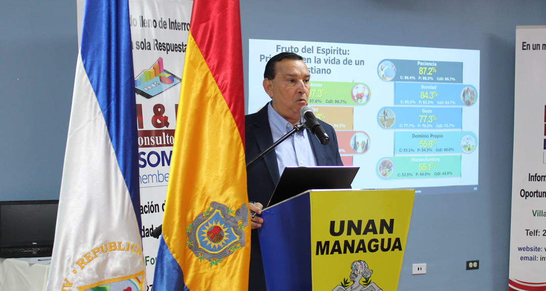 El Director de M&R Consultores, maestro Raúl Obregón, presentó los resultados de la encuesta: «Nicaragüenses, creencias y prácticas religiosas» 